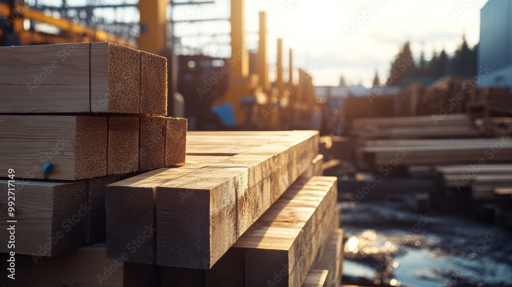 Stacked timber logs in a construction yard, illuminated by sunset, showcasing a rustic industrial scene. Stacked timber logs in a construction yard, illuminated by sunset, showcasing a rustic industrial scene.