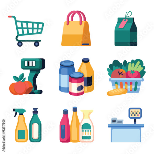 illustrations vector sale offer supper market items icon  for juice and basket ,label ,price , fruits , others 
