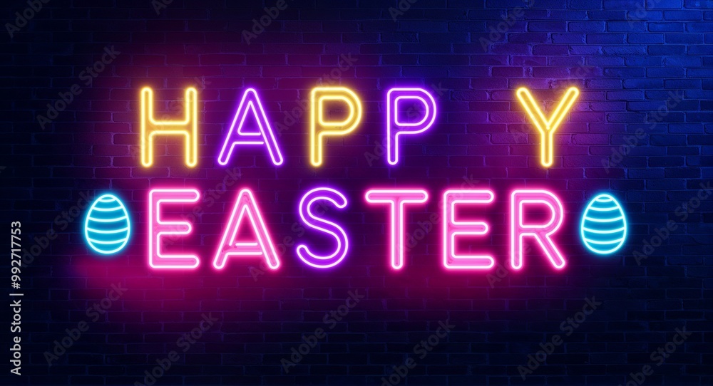 Obraz premium happy easter word lettering glowing with neon light on dark brick wall background