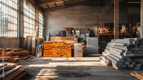 A spacious warehouse filled with stacked wooden planks and metal sheets, illuminated by natural light from large windows.