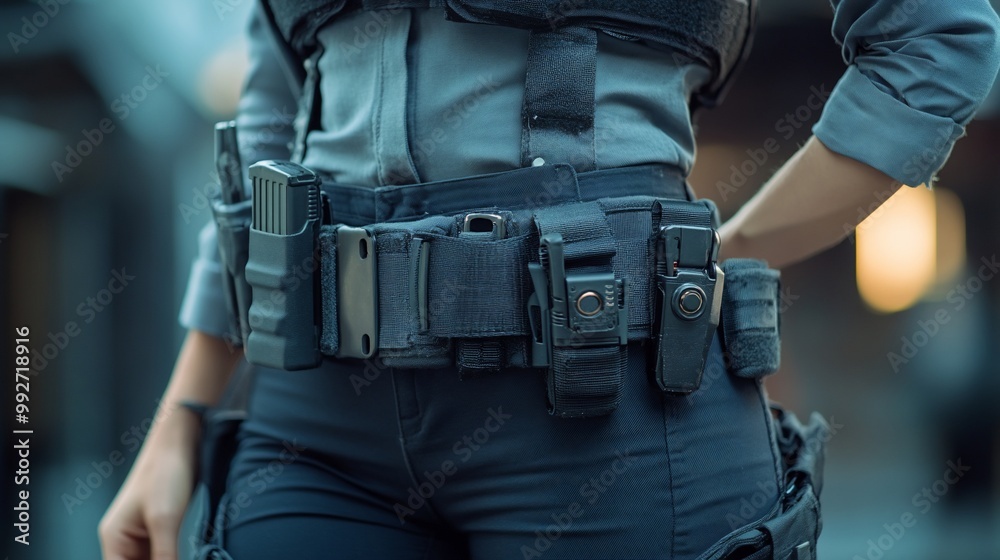 Close-up of a woman's tactical belt with various pouches and accessories. Close-up of a woman's tactical belt with various pouches and accessories.