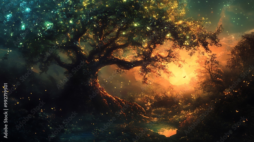 A large tree with glowing lights, a stream of water flows in front of it, the sky behind it has a vibrant orange glow.