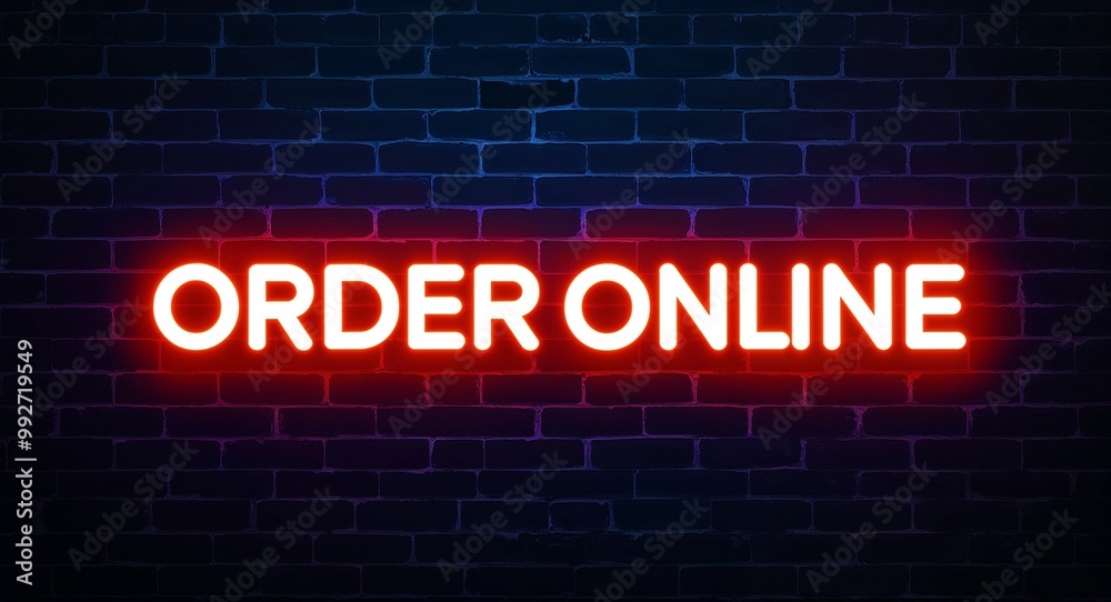 Fototapeta premium order online word lettering glowing with neon light on dark brick wall background
