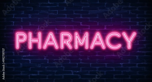 Pharmacy word lettering glowing with neon light on dark brick wall background