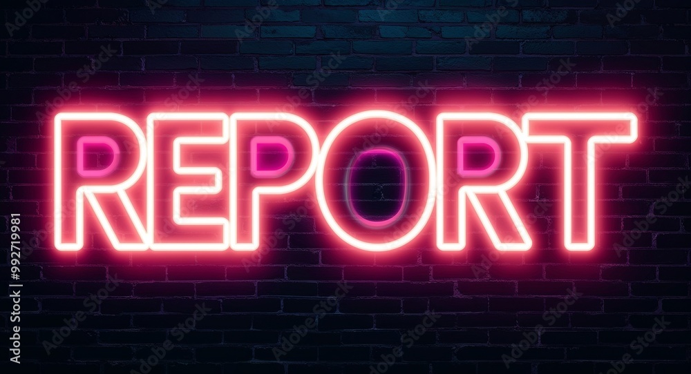 Report word lettering glowing with neon light on dark brick wall background Report word lettering glowing with neon light on dark brick wall background