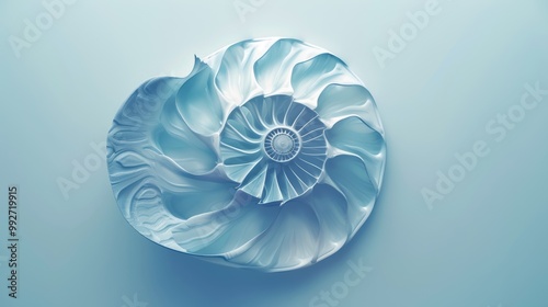Abstract art piece featuring a nautilus shell, with a focus on its fibonacci spiral. The shell's natural beauty is a stunning focal point in this art piece.