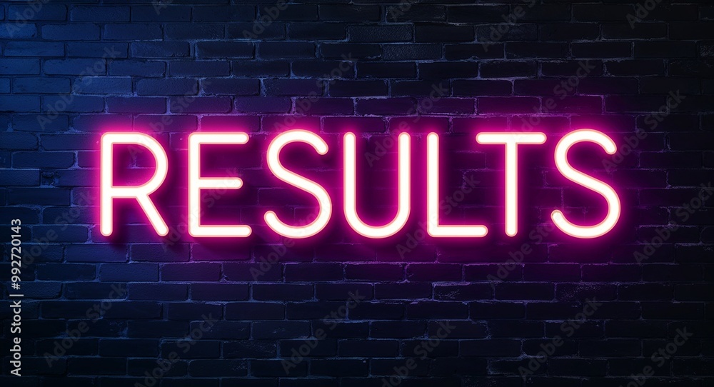 Obraz premium results word lettering glowing with neon light on dark brick wall background