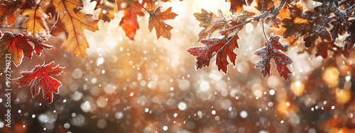 Autumn landscape with colorful leaves, sunslight and morning dew, long horizontal banner photo