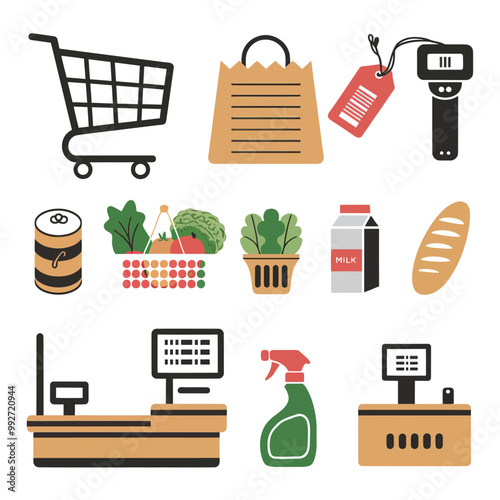 illustrations vector sale offer supper market items icon  for juice and basket ,label ,price , fruits , others 