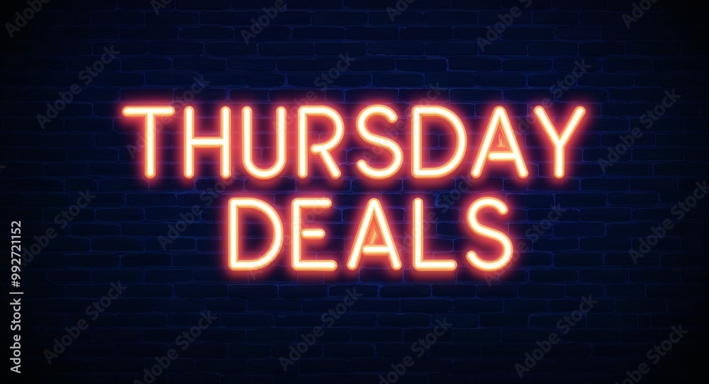 Obraz premium Thursday deals word lettering glowing with neon light on dark brick wall background