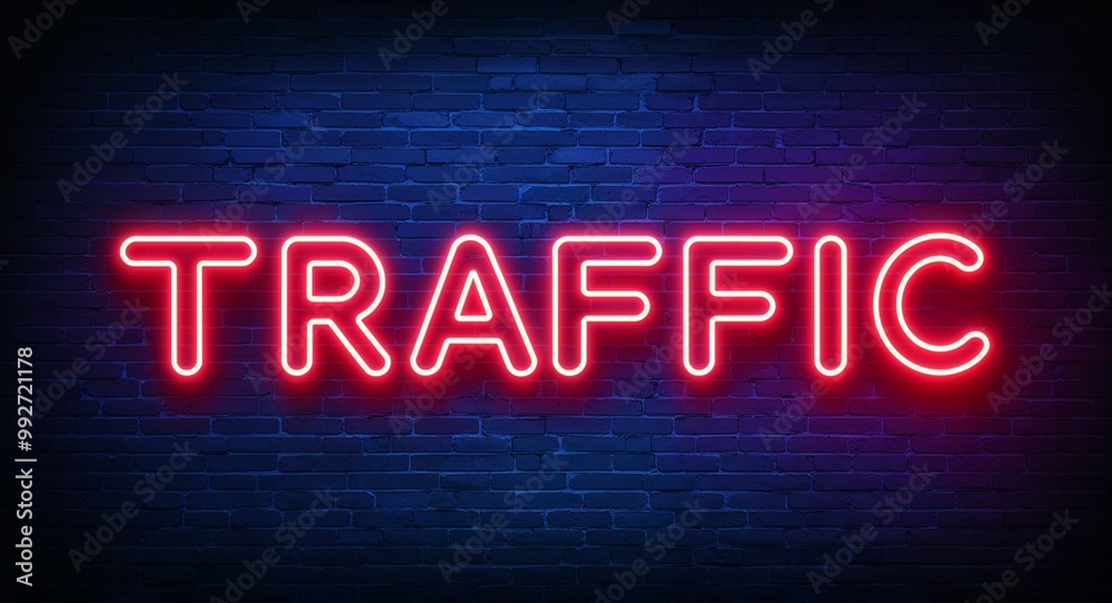 Obraz premium traffic word lettering glowing with neon light on dark brick wall background