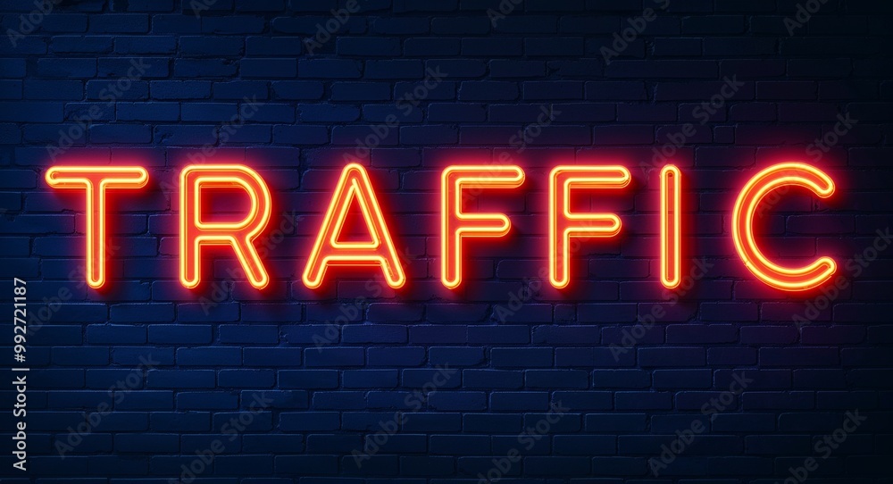 traffic word lettering glowing with neon light on dark brick wall background traffic word lettering glowing with neon light on dark brick wall background