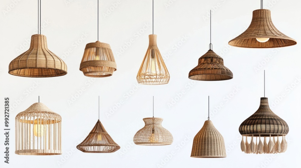 Collection of boho-inspired hanging lamps made from natural rattan and wood, displayed on a transparent background. Collection of boho-inspired hanging lamps made from natural rattan and wood, displayed on a transparent background.