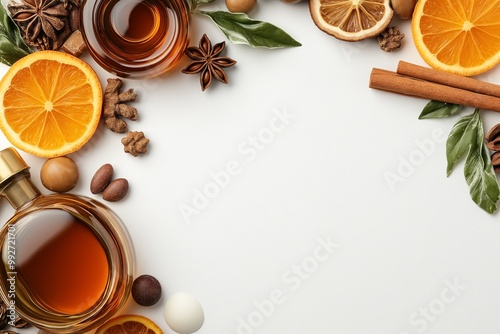 Wallpaper Mural Cognac, citrus slices, and holiday spices like cinnamon and star anise arranged on a white background with green leaves, creating a festive and indulgent winter holiday setting Torontodigital.ca