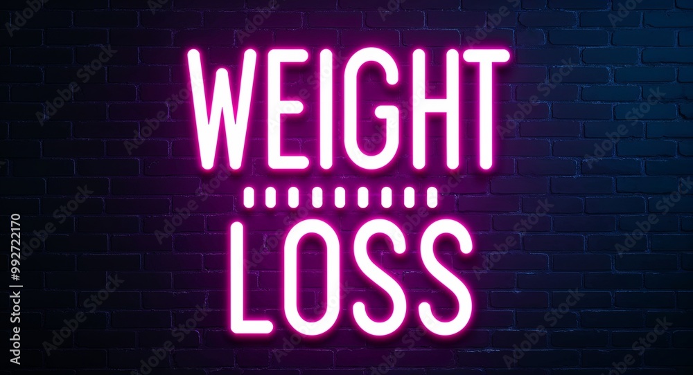 Obraz premium weight loss word lettering glowing with neon light on dark brick wall background
