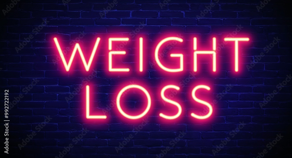 Obraz premium weight loss word lettering glowing with neon light on dark brick wall background