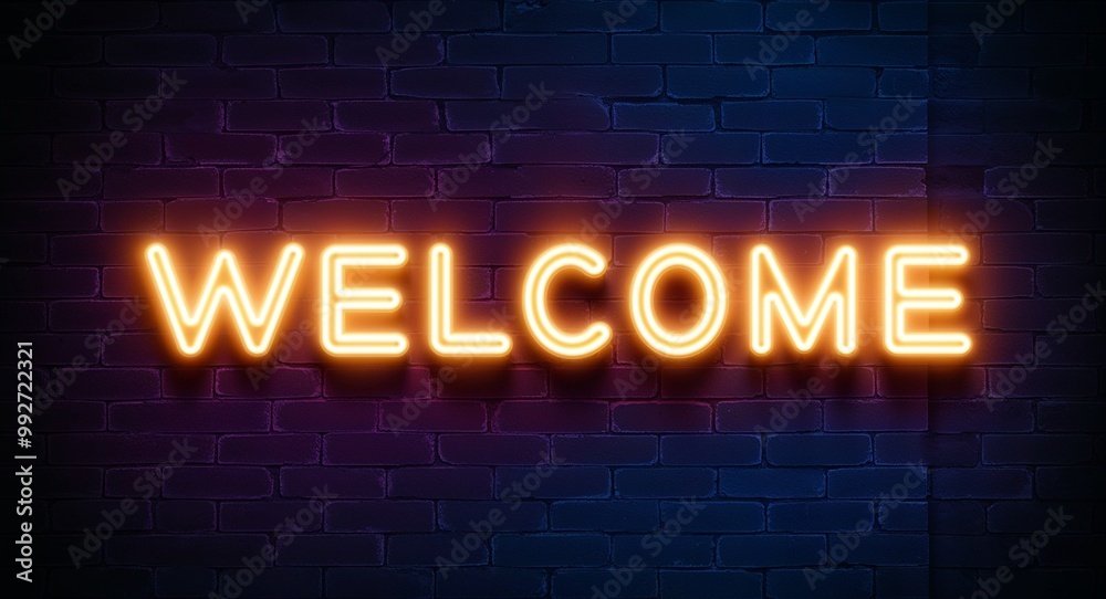 welcome word lettering glowing with neon light on dark brick wall background welcome word lettering glowing with neon light on dark brick wall background