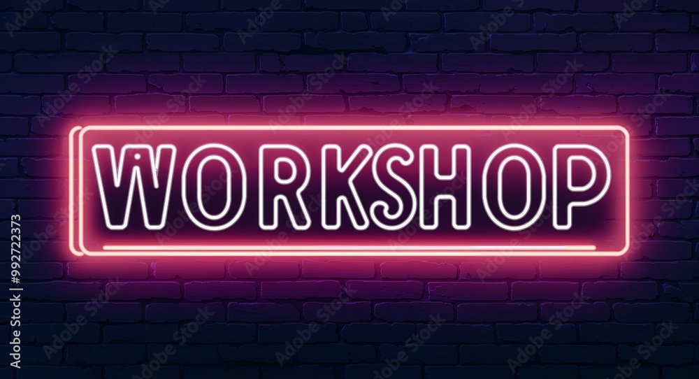 Fototapeta premium workshop word lettering glowing with neon light on dark brick wall background
