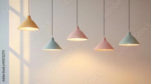 Minimal-style colorful pendant lamps in soft tones, hanging in a set against a simple, light-colored background. photo