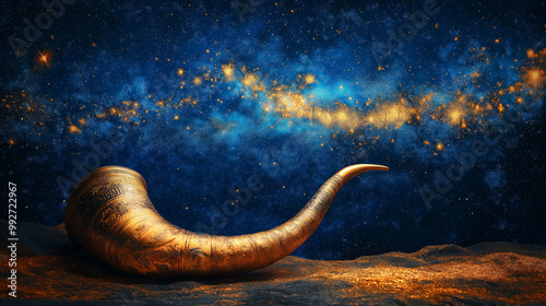 Shofar and Starry Night, the image of a shofar blowing under a star-filled sky, representing the call for reflection, with copy space, Rosh Hashana