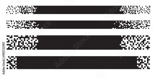 Pixel banner. Header, footer color layout with mosaic edges. Horizontal title tags with pixels. Labels pixelated decoration advertising vector elements. Rectangular dotted shapes isolated set