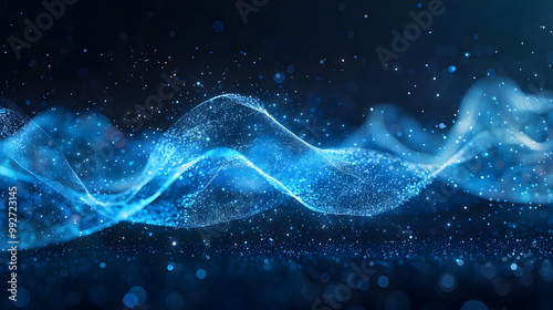 Abstract 3D Rendered Blue Wave with Glowing Particles and Bokeh Background, Ideal for Modern Design Projects