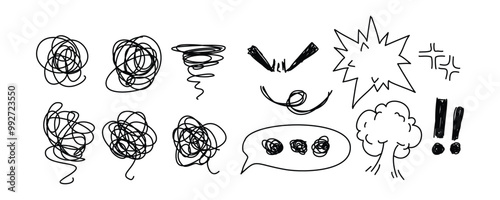 Sketch line style elements set , elements Hand-drawn style, Hand drawn angry effect emotion bang, boom, pow, vector illustration. isolated on white background.