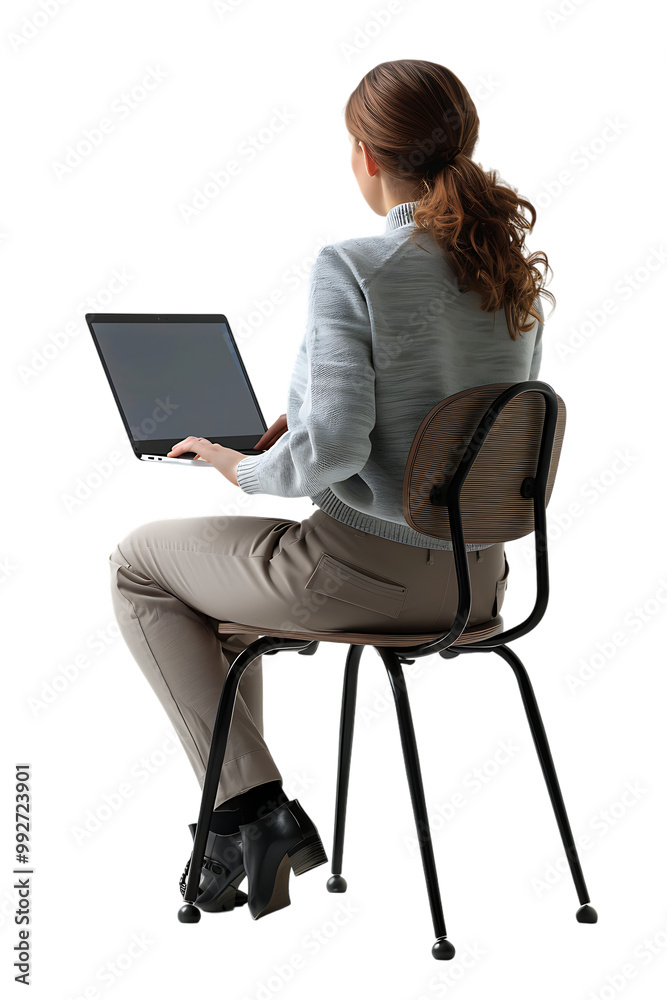 woman sitting on a chair and using a laptop, isolated against a transparent background woman sitting on a chair and using a laptop, isolated against a transparent background