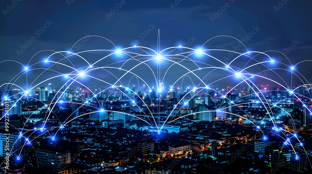 Obraz premium A Nighttime Aerial View of a Cityscape with Glowing Network Connections Representing Digital Connectivity