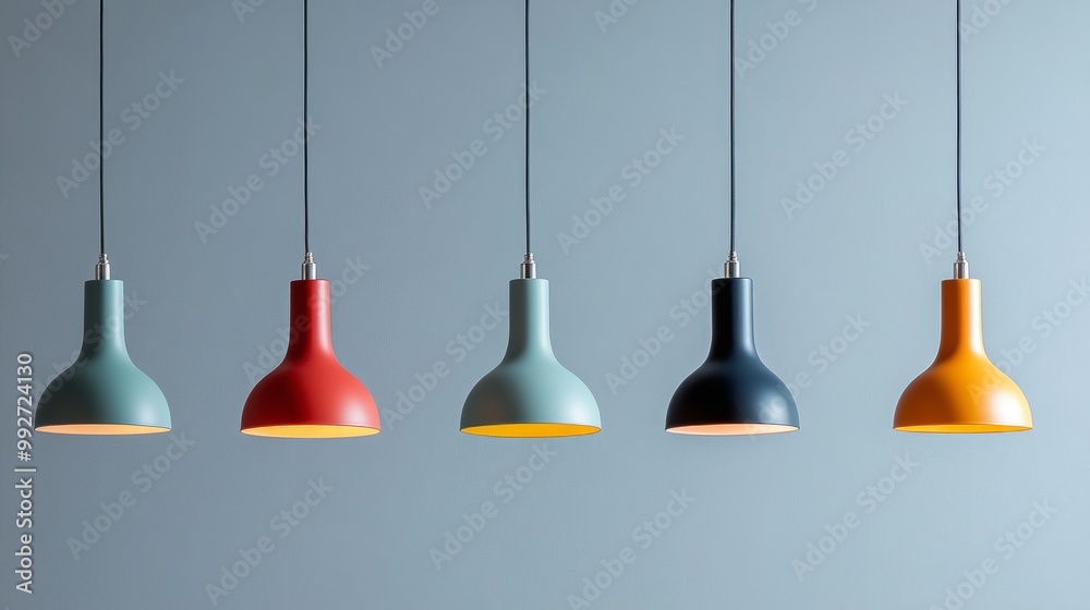 Naklejka premium Simple and stylish hanging lamps in various bright colors, perfect for minimal interiors, isolated on a plain background.