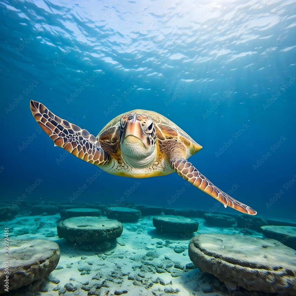 Obraz premium Hawksbill Sea Turtle flowing into transparent water ocean
