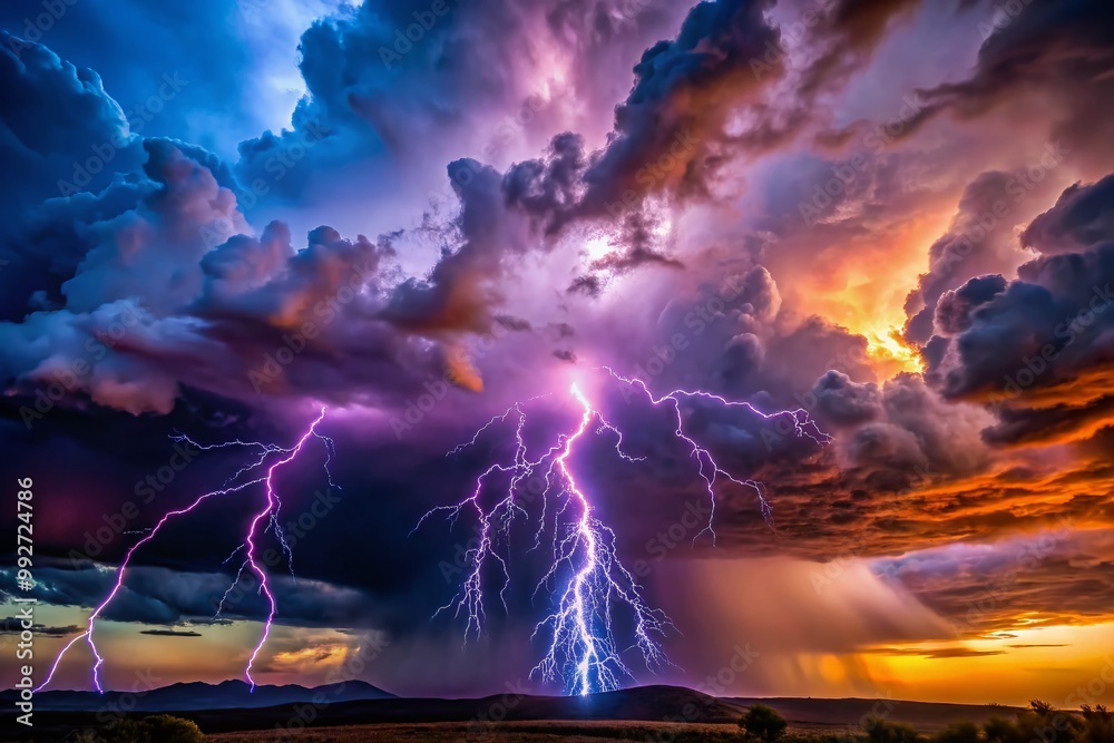 Obraz premium Dramatic Lightning Storm Over Dark Clouds Illuminating the Night Sky with Powerful Energy Display