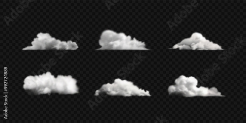 Set of realistic cumulus clouds, smoke, fog.