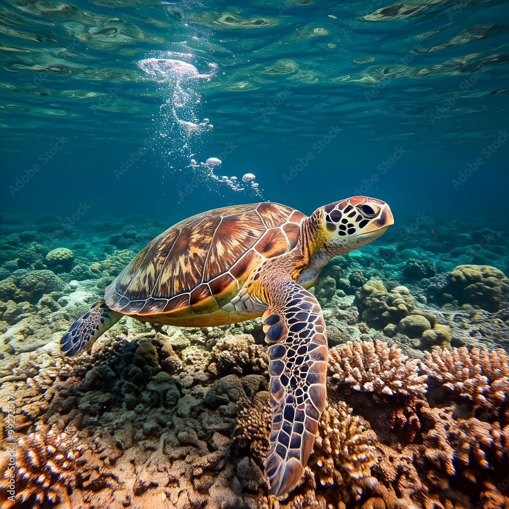 Obraz premium Hawksbill Sea Turtle flowing into transparent water ocean