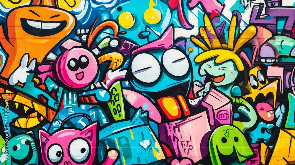 Obraz premium Graffiti wall with cartoon characters, playful and colorful