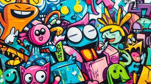 Wallpaper Mural Graffiti wall with cartoon characters, playful and colorful Torontodigital.ca