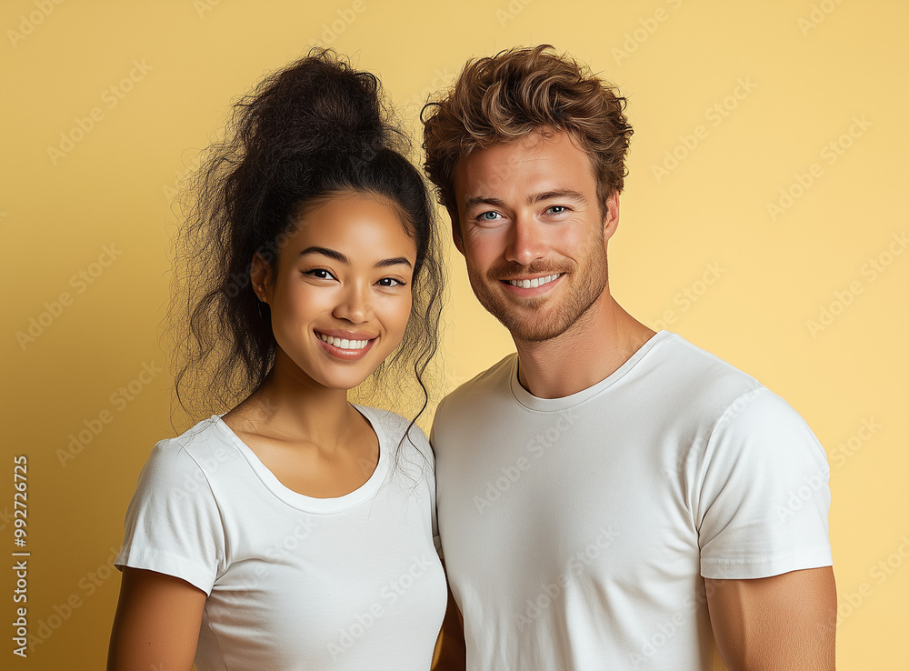 Obraz premium Mixed Race Couple In Love, Feeling Happy and Smiling, Realistic Portrait Photography Style Generative AI