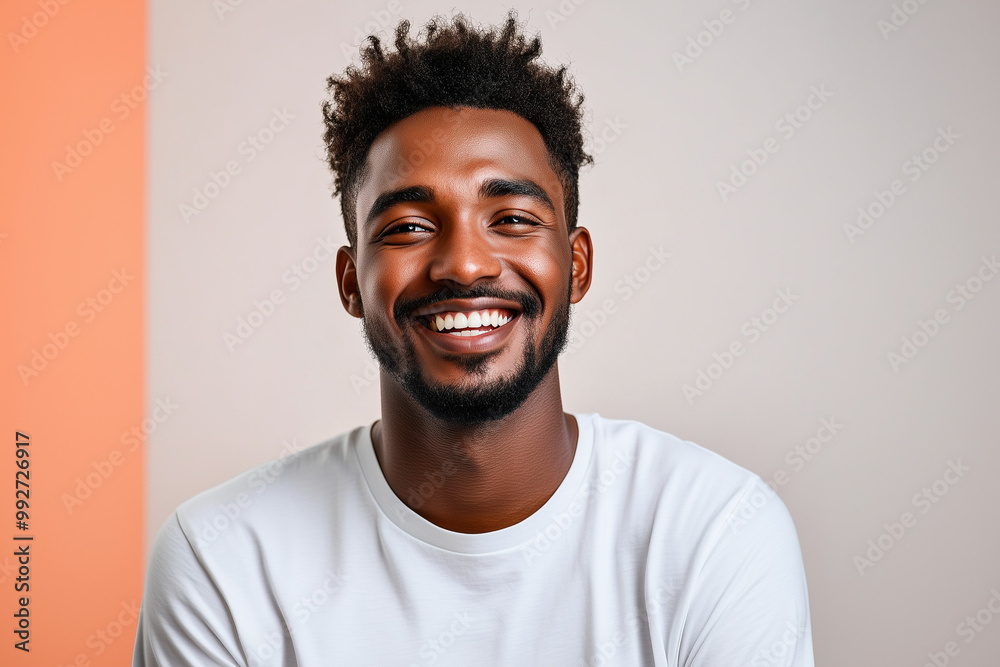 Obraz premium Handsome Black Man Feeling Happy and Smiling, Clean Background, Realistic Photography Portrait Style: Generative AI