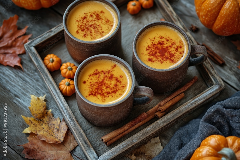 A cozy scene featuring a rustic tray with three mugs of pumpkin spice lattes, cinnamon sticks, mini pumpkins, and autumn leaves, set on a wooden surface for a warm, seasonal atmosphere A cozy scene featuring a rustic tray with three mugs of pumpkin spice lattes, cinnamon sticks, mini pumpkins, and autumn leaves, set on a wooden surface for a warm, seasonal atmosphere