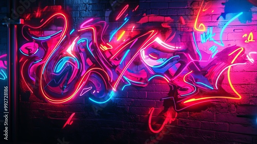 Neon graffiti wall, glowing street art