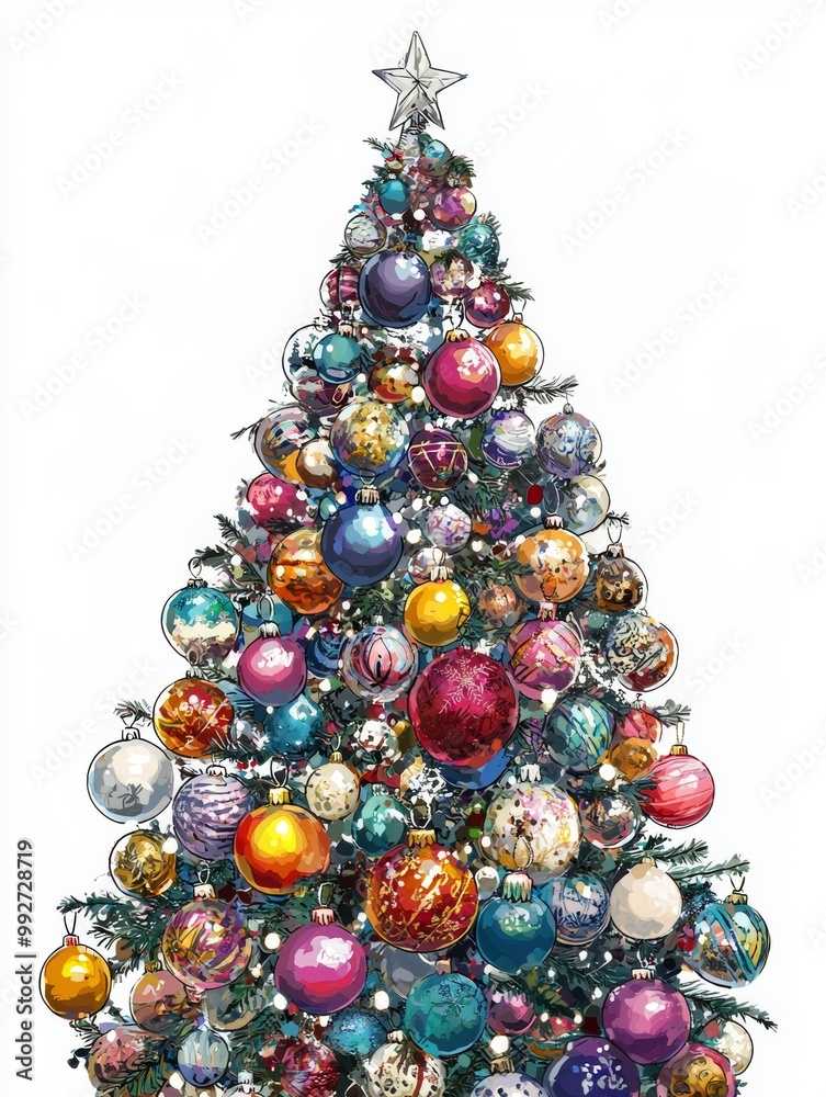 Ornament-Filled Christmas Tree: A 2D illustration of a Christmas tree packed with ornaments, covering nearly every inch of the tree Ornament-Filled Christmas Tree: A 2D illustration of a Christmas tree packed with ornaments, covering nearly every inch of the tree