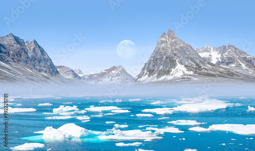 Wallpaper Mural Melting icebergs by the coast of Greenland, on a beautiful summer day - Melting of a iceberg and pouring water into the sea - Greenland Torontodigital.ca
