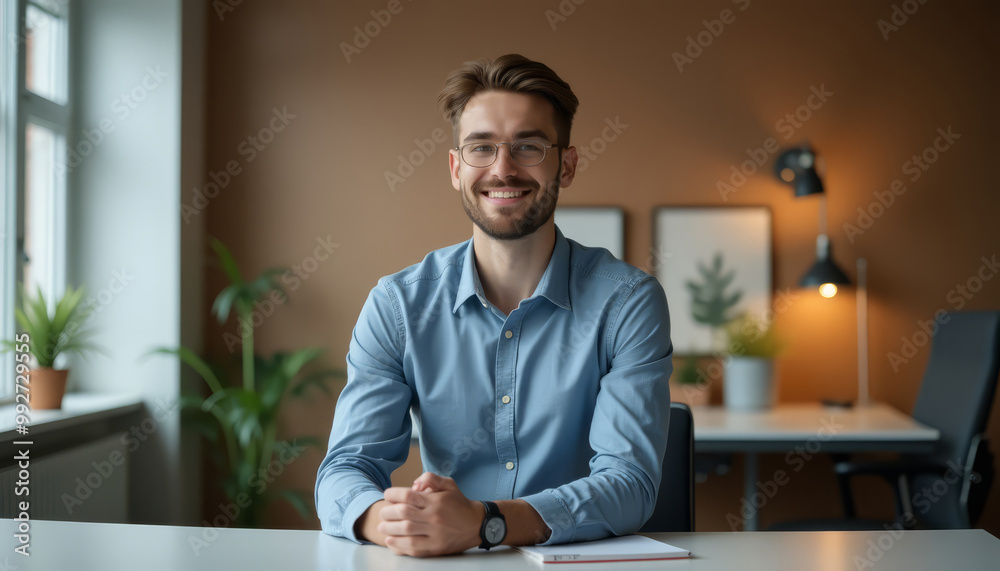 Smiling man in a blue shirt sitting at a desk with plants in an office setting. Smiling man in a blue shirt sitting at a desk with plants in an office setting.