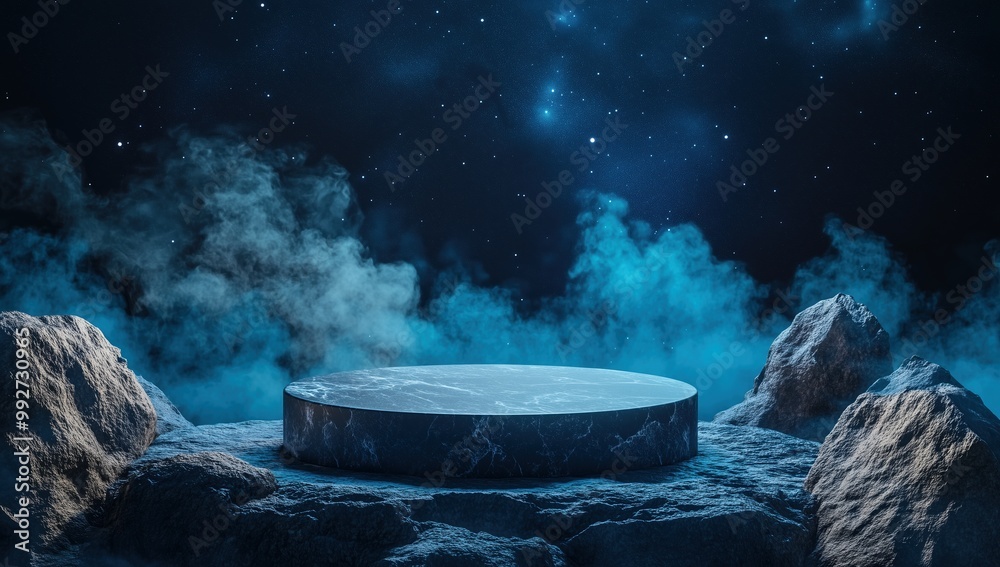 A stone podium surrounded by rocky formations and mist under a glowing starry night sky. Perfect for fantasy or sci-fi settings.
