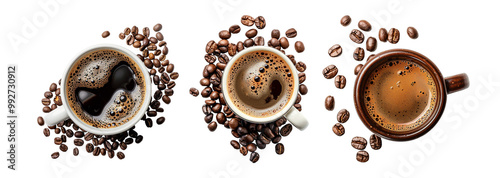 Pack of top down view of a cup of coffee accompanied by coffee beans set against transparent background