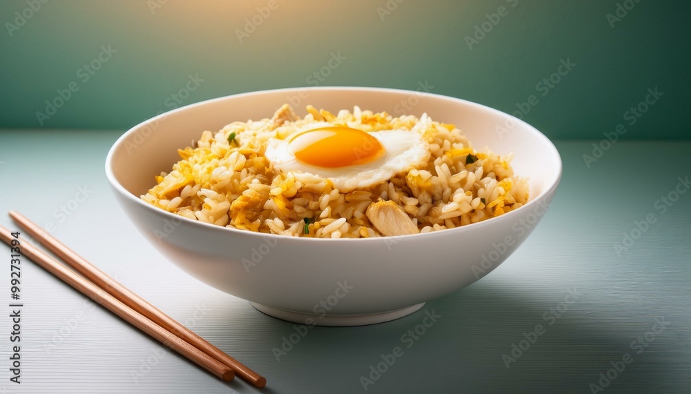 Chicken fried rice with egg on top served in a white bowl with chopsticks Chicken fried rice with egg on top served in a white bowl with chopsticks