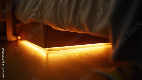 Close-up view of a modern bedroom featuring soft night light illumination from a lighting strip beneath the bed, revealing the clean edge of the bed frame. 