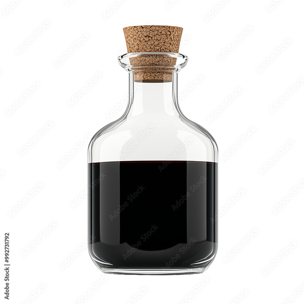 png Small glass bottle with a cork stopper and a dark liquid inside. isolated transparent png Small glass bottle with a cork stopper and a dark liquid inside. isolated transparent