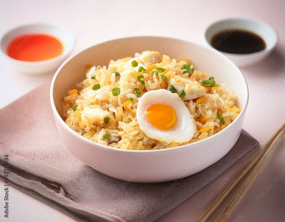 Chicken fried rice with egg on top served in a white bowl with chopsticks Chicken fried rice with egg on top served in a white bowl with chopsticks