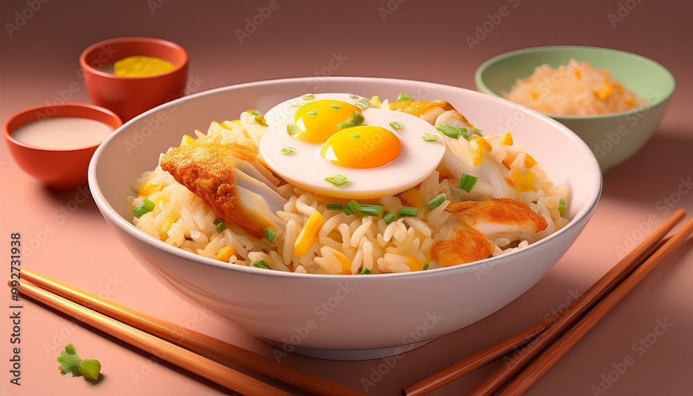 Chicken fried rice with egg on top served in a white bowl with chopsticks Chicken fried rice with egg on top served in a white bowl with chopsticks